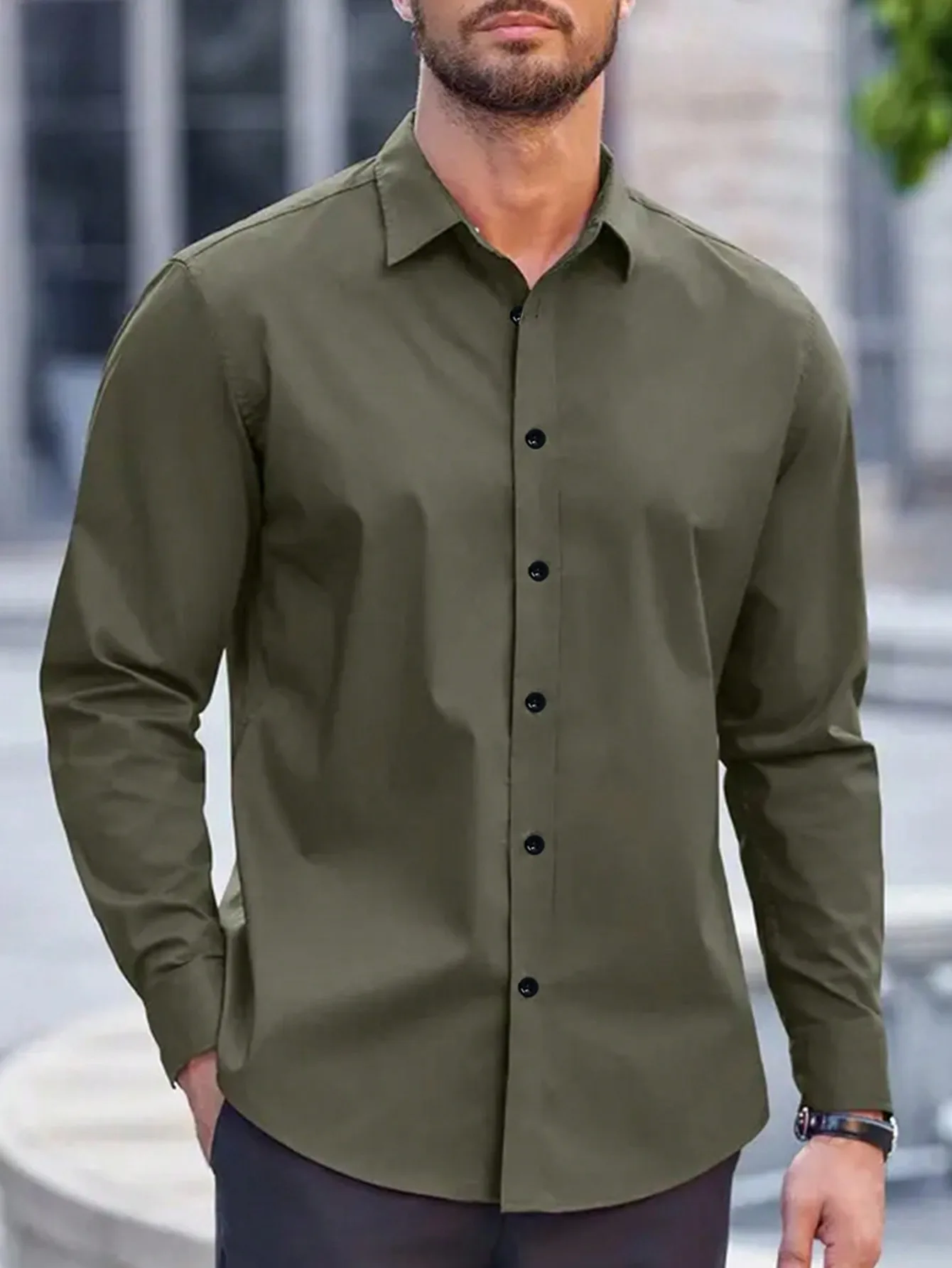 

Men's Solid Olive Green Long Sleeve Button-Down Shirt, Casual Business Minimalist Style