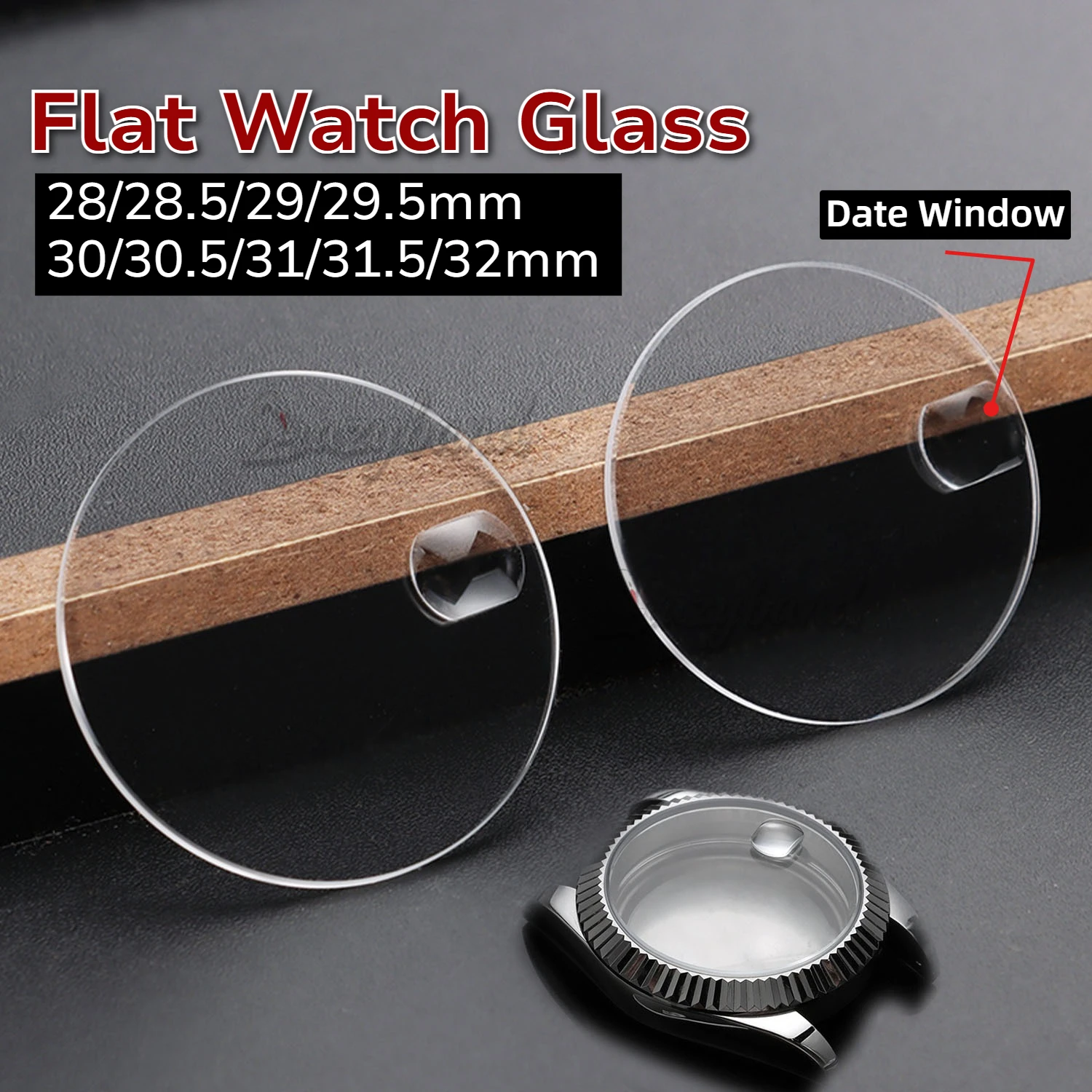 1.2mm Thick Date Window Replacement Watch Glass Round Flat Mineral Timepiece Crystal with Bubble Magnifier 28mm-32mm Diameter