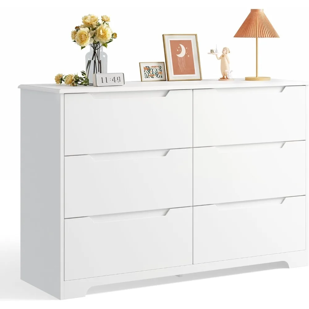 Modern Wide Wooden 6-Drawer Dresser with Anti-Tip Feature for Bedroom, featuring Cut-Out Handles