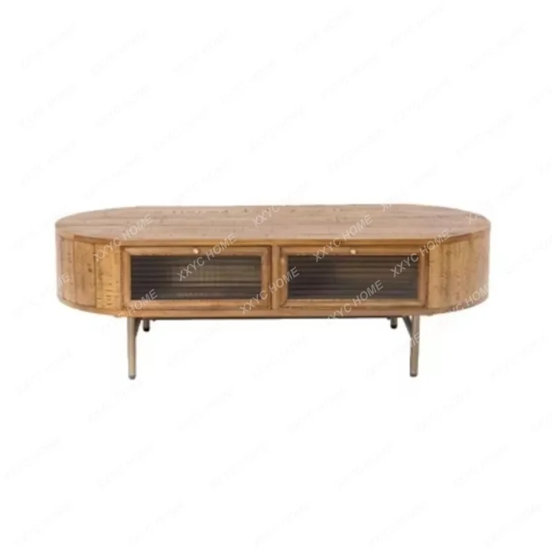 HH Log Oval Furniture Modern Simple Coffee Table Living Room Home Retro Glass Solid Wood Tea Table
