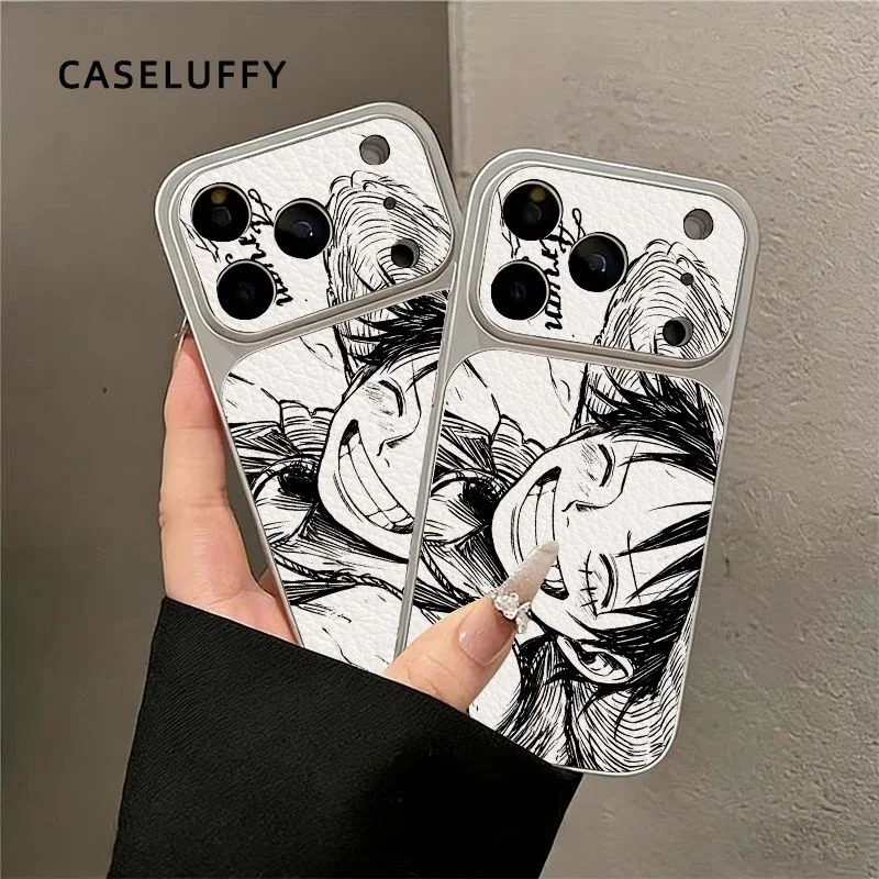 Cute One Piece Luffy Laughing Line Drawing Large View Window Leather Grain Phone Case For iPhone 13 14 15 16 17 18 Pro Max Cover