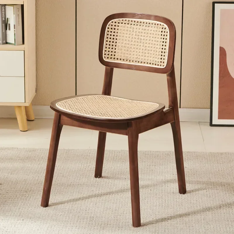 Dining Chairs Walnut Color Nordic Simple Solid Wood Rattan Woven Household Leisure Backrest Living Room Furniture Comfort