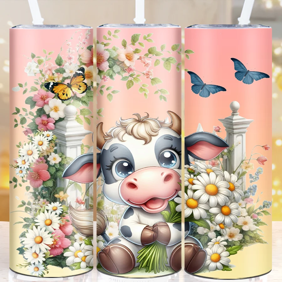 20oz Party Cute 3D Print Highland Flowers Cow  Tumblers Straw Lid 1Pc Stainless Hot Cold Insulated Water Bottle Travel Tumblers