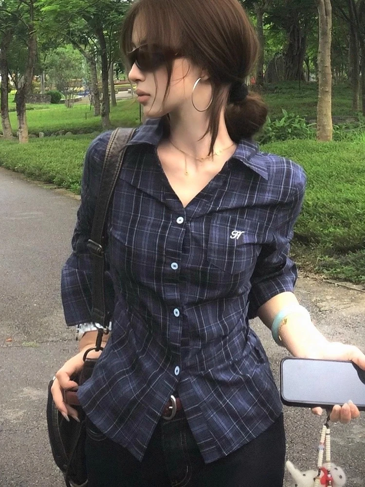 Preppy Style Hot Girl Slim Plaid T-shirt Women New Fashion Polo Collar Autumn Thin Tees High Street Vintage Long Sleeve Shirt