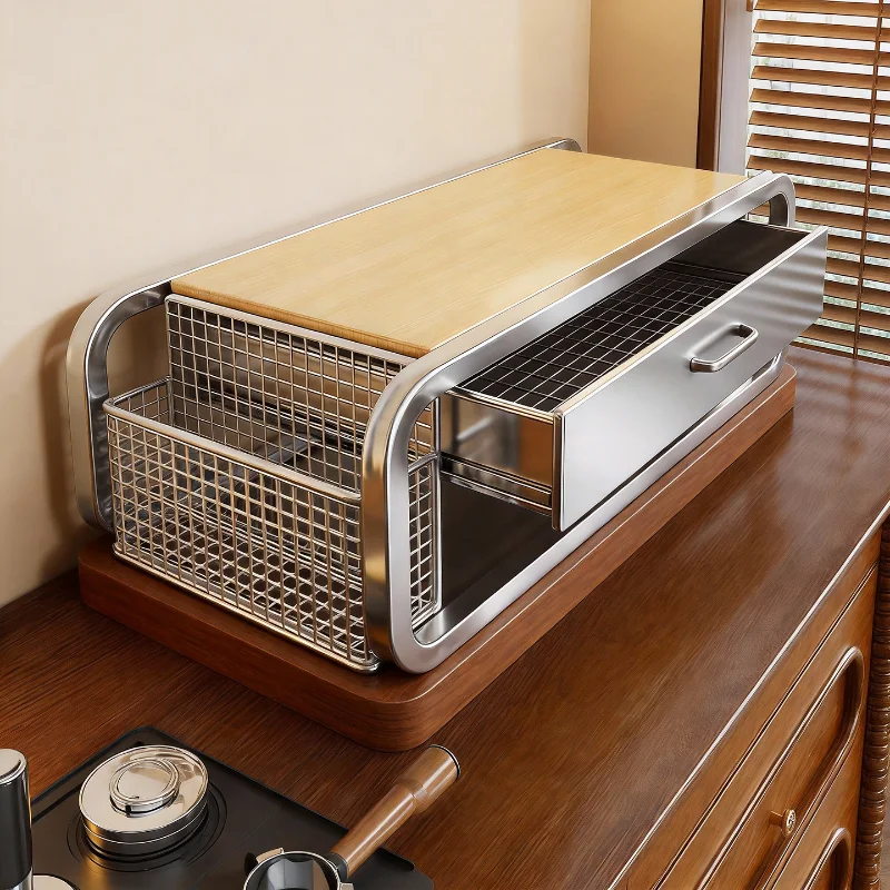 Pull-Out Coffee Machine Riser, Multi-Compartment Cup & Tea Bag Organizer Shelf for Office & Home, Large Capacity Use Home