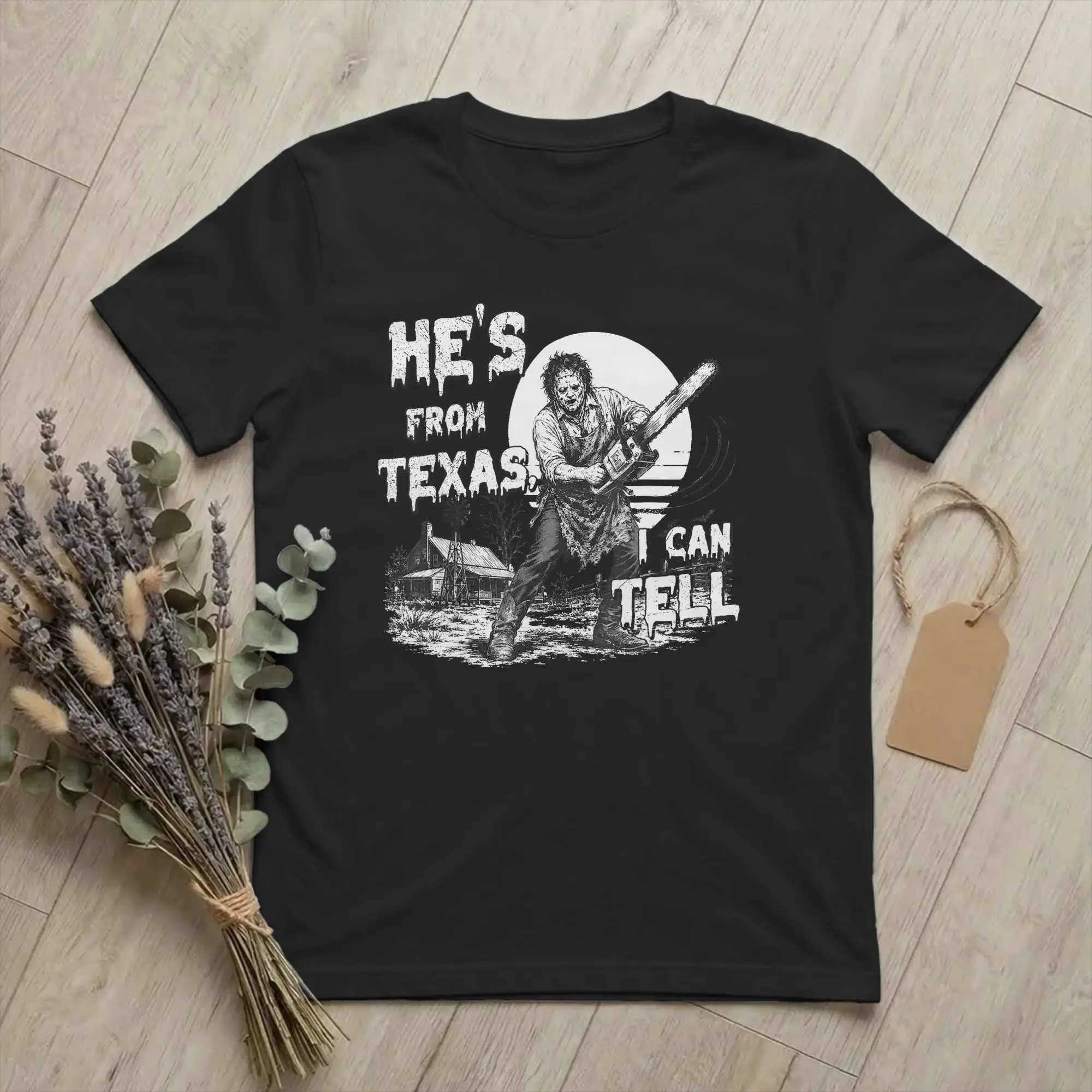 Hes from Texas I Can Tell Chainsaw Men's T Shirts Horror Halloween Novelty Tees Short Sleeve Round Neck T-Shirts Cotton Unique