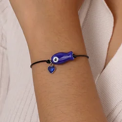 16-24CM Royal Blue Heart-Shaped Zircon Fish Ceramic Beaded Braided Hand Rope,Lucky Adjustable Hand Bracelet for Women Jewelry