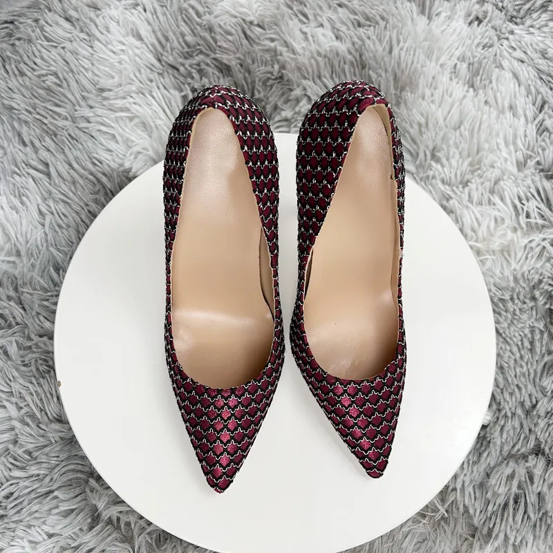 Tikicup Mesh Pattern Women Sexy Wine Red Pointy Toe High Heel Shoes Burgundy Slip On Stiletto Pumps for Party Show 8cm 10cm 12cm