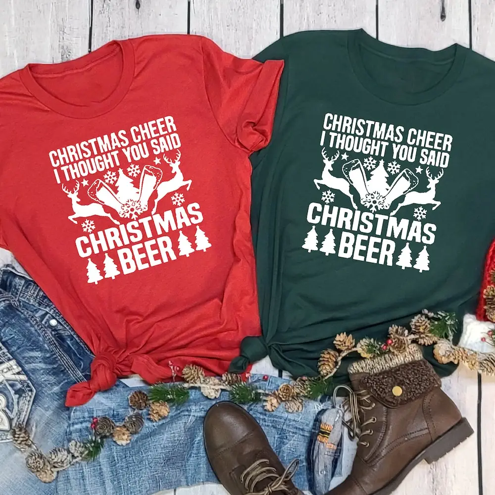 Christmas Cheer Beer T Shirt Reindeer Tree Merry Xmas Happy New Year Snow Flake