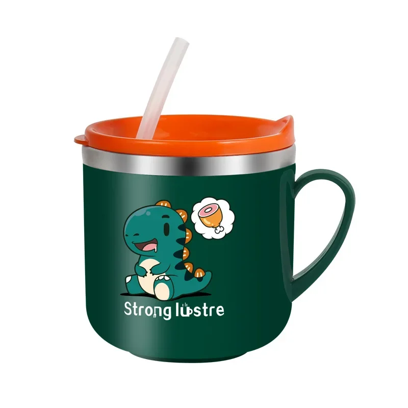 250ml/8.5oz Kids Drinking Feeding Straw Baby Cup with Lid Straw Anti Drop 304 Stainless Steel Milk Cup Cartoon One Hand Grip