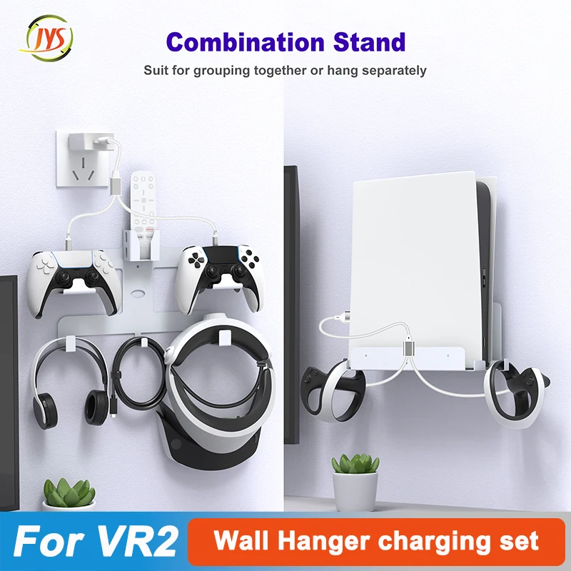 For PS VR2 Wall Hanger base with 2 in 1 charger cable For PS5 wall stand storage VR2 handle charging helmet controler hanger