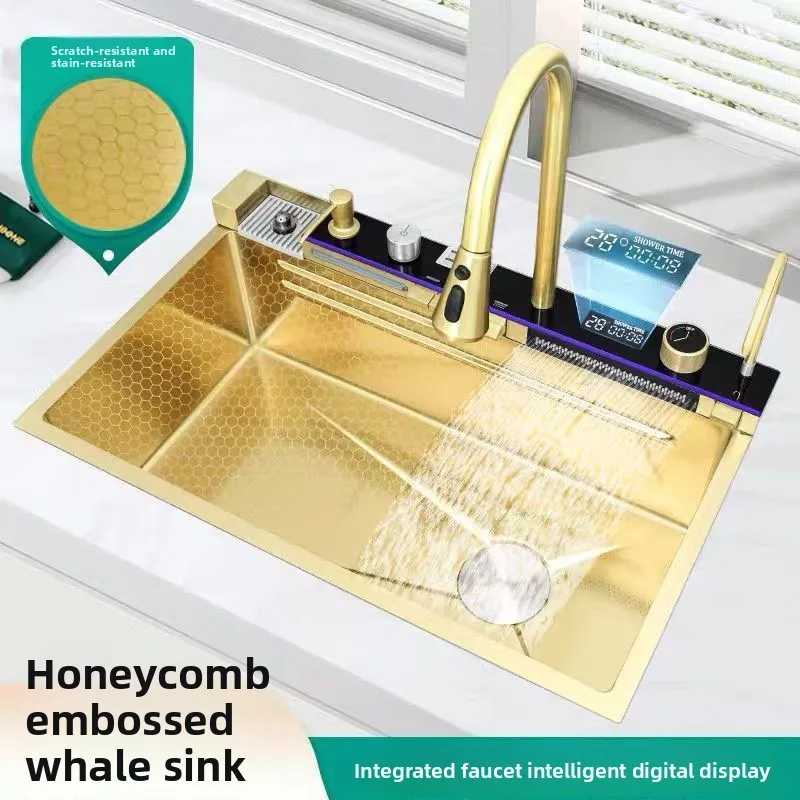 

Golden Whale Thickened 304 Stainless Steel Sink Nano Honeycomb Piano Digital Display Kitchen Waterfall Rain Shower Vegetable