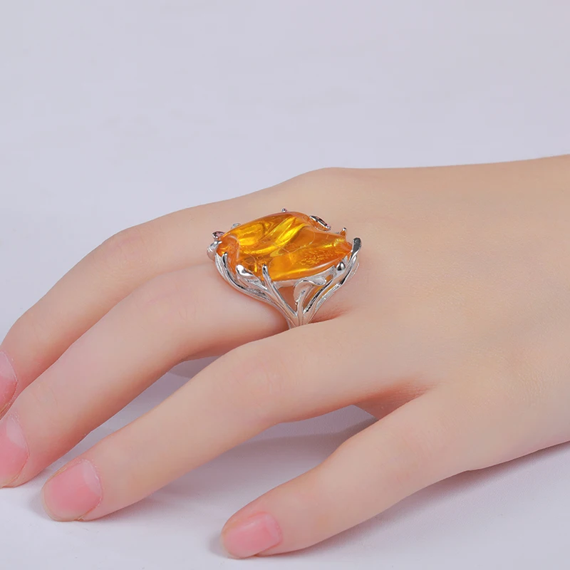 2022 New Arrival ​Natural Precious Amber Ring 925 Sterling Silver Jewelry Gifts Crystal Luxury Ring Temperament Retro Ring