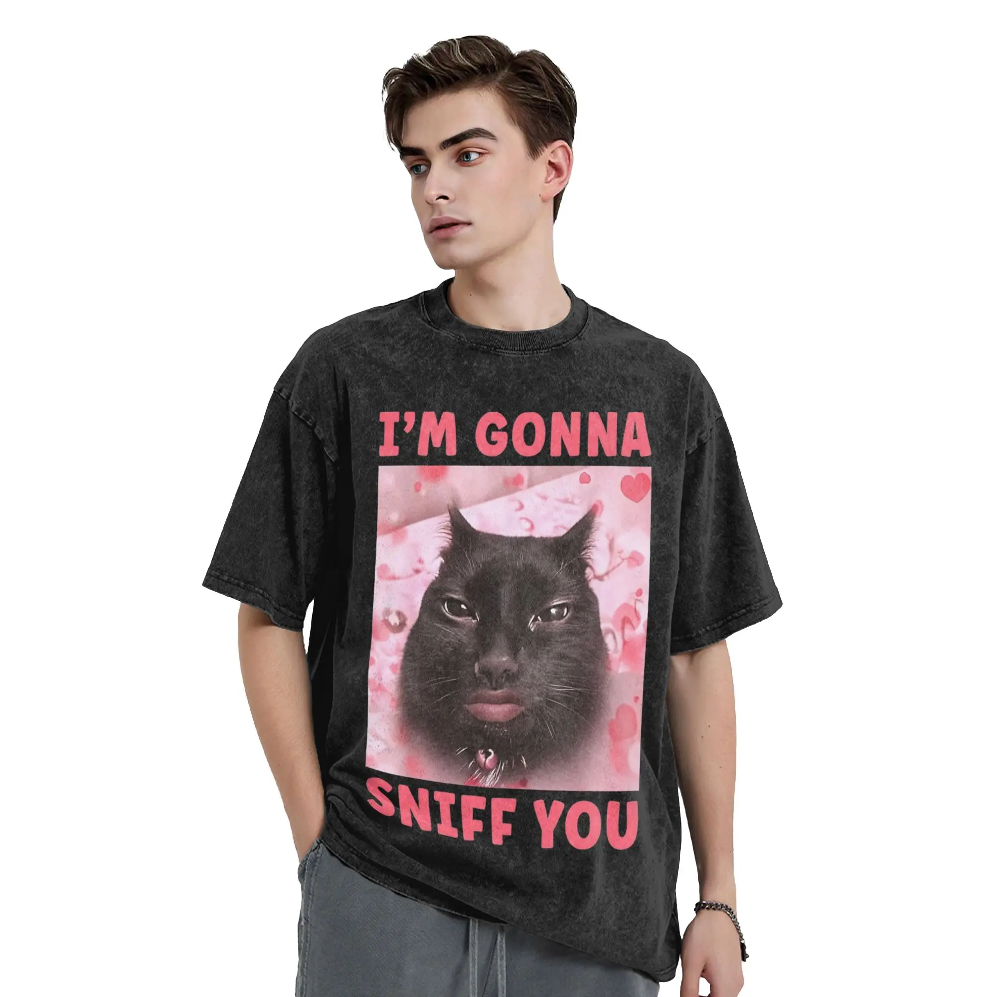 I'm Gonna Sniff You Black Cat Meme Washed T Shirts Streetwear Hip Hop Vintage T-Shirt Tees Men Women Oversize Printed