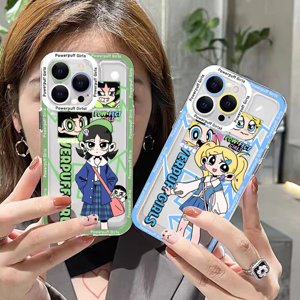 Cute Anime Powerpuffs Girlss Phone Case For iPhone 15 Pro Max 14 13 12 Mini 11 ProMax X XR XSMax 7 8 Plus SE20 Transparent Cover