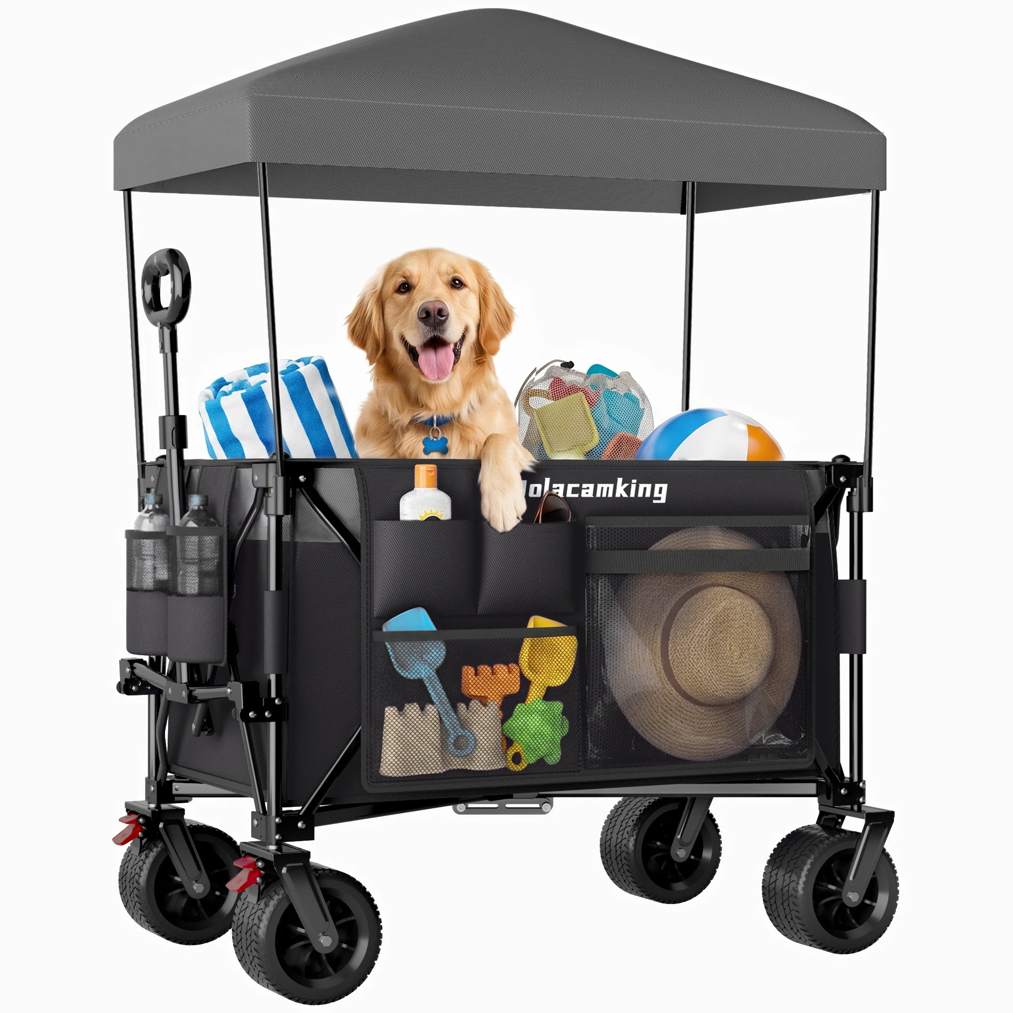 Multi-Functional Pull Folding Wagon Cart with Flexible Handle & Canopy, Heavy Duty Utility Cart with 7