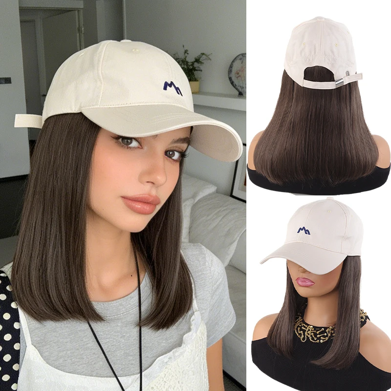 Women's Beige Synthetic Fiber Baseball Cap Wig with Inward Curl