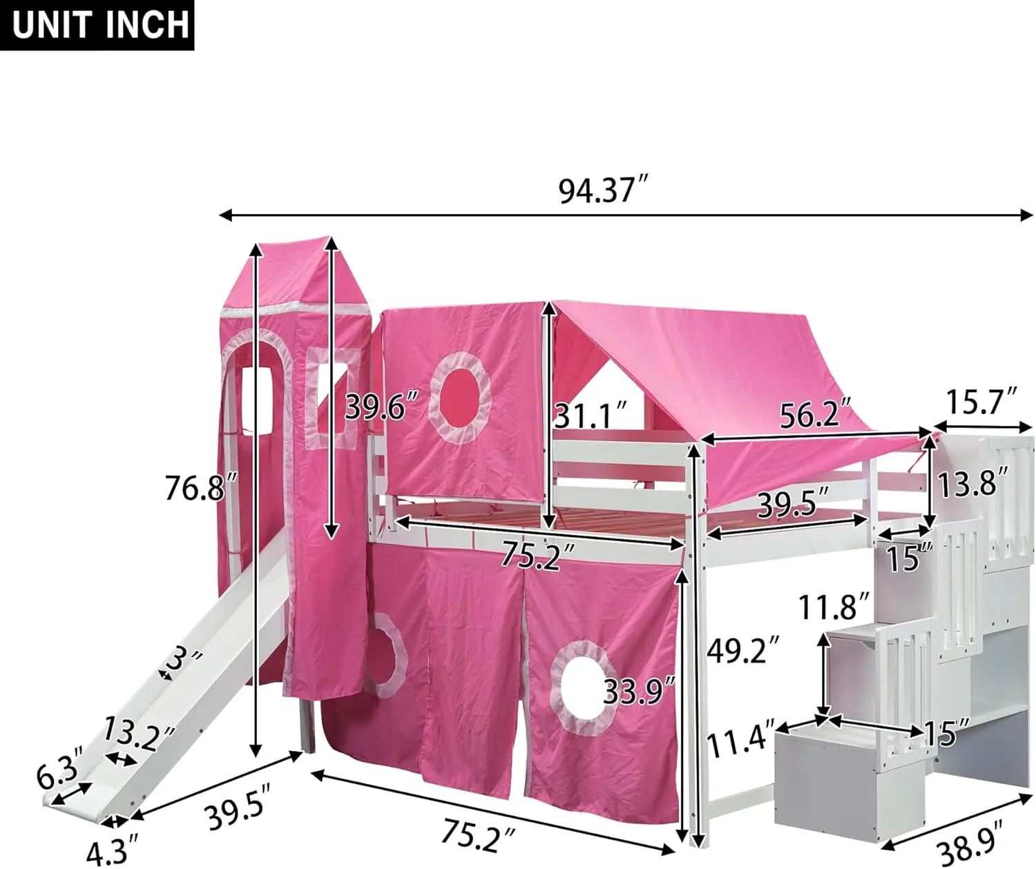 Harper & Bright Designs House Full Loft Bed With Slide,Storage Stairs And Tent, Wood Kids Loft Bunk Bed With Tower And Ladders,