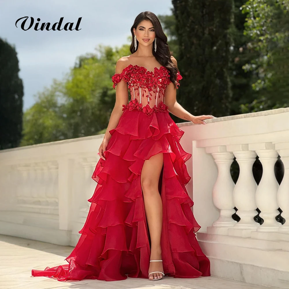 Vindal Stunning Red 3D Flower A-Line Prom Dress Off-Shouder Split Tiered Ruffle Elegant Evening Party Dress for Women Customized