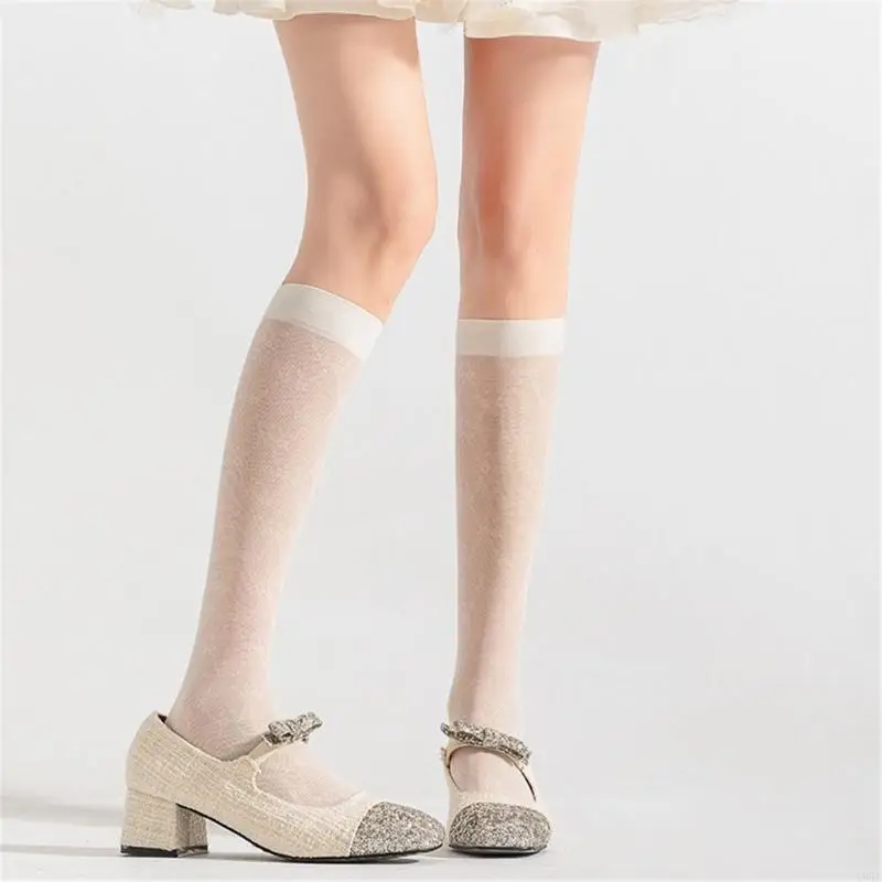 195E Women Knee High Stockings Meshes Stockings Florals Sheer Knee High Socks
