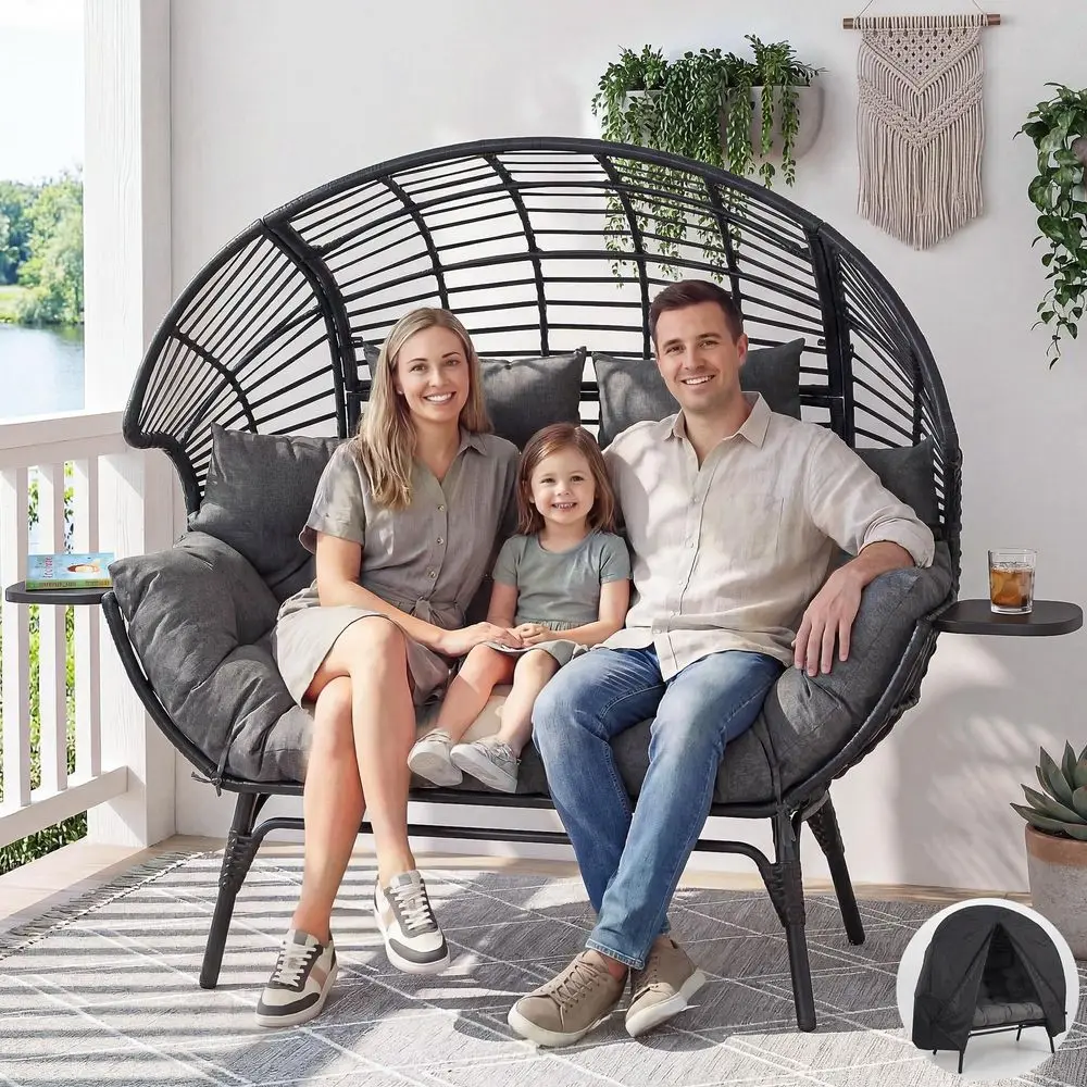 

Egg Chair Outdoor Indoor 2 Person Wicker Egg Lounge Chair with Foldable Cup Holder Cushion Rain Cover Patio Oversized Loveseat