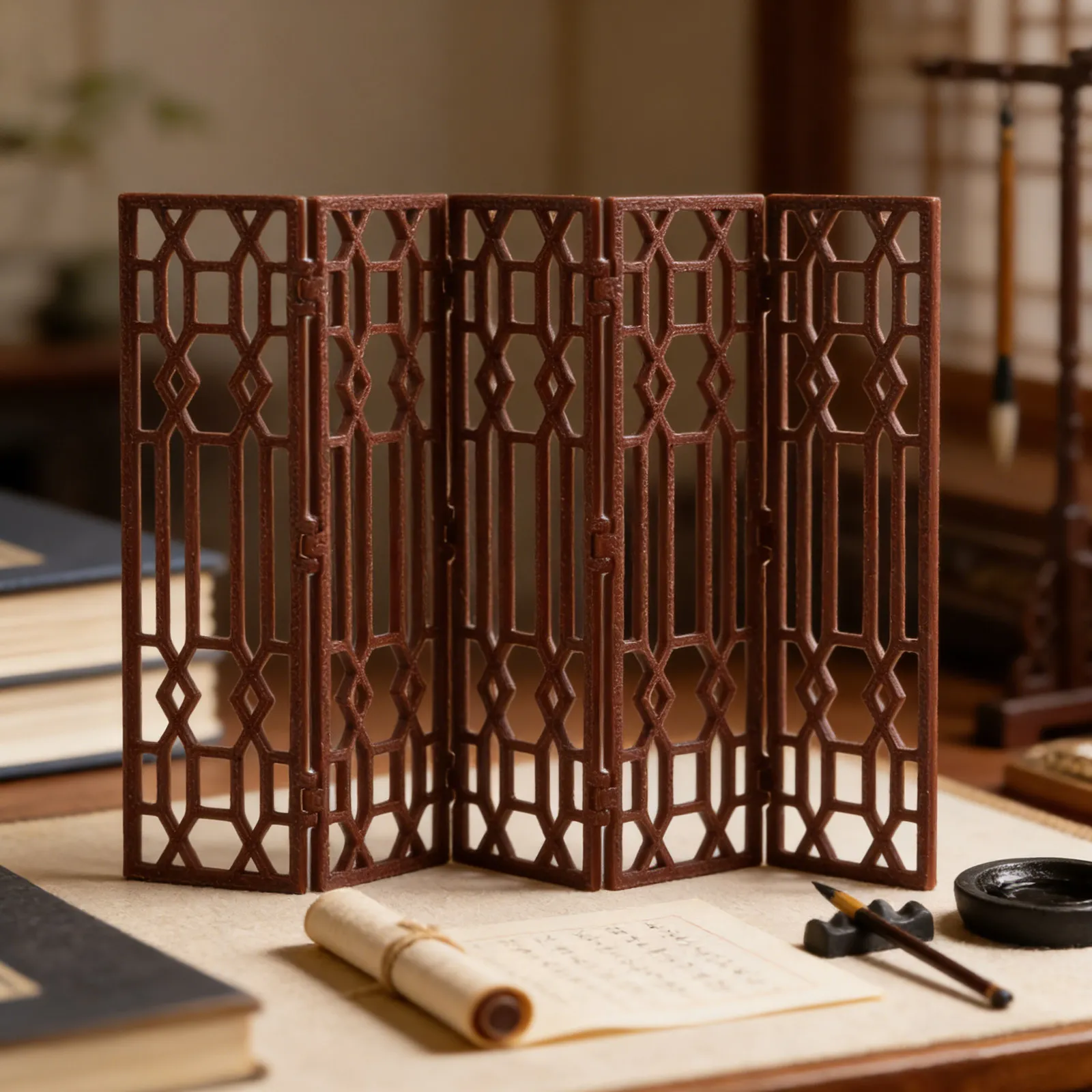 Mini Chinese Folding Screen 5.15x3.34x0.07 Vintage Style Miniature Desktop Screen Decorative Room Divider Photography Prop Sand