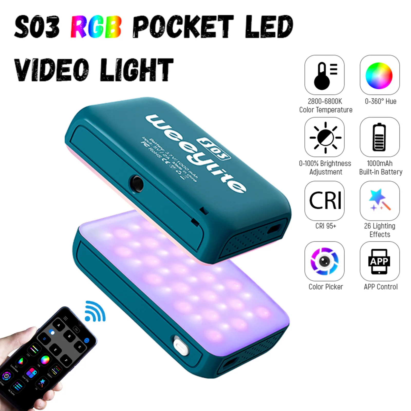 VILTROX Weeylite S03 Mini Pocket RGB Light LED Video Light Panel for Tik Tok Facebook Video Shooting Fill Light Dimmable Lamp