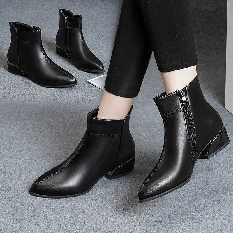 New Women's Boots Fashion Casual Leather Boots Pointed Toe Office Formal Shoes for Women Zipper Ankle Boots