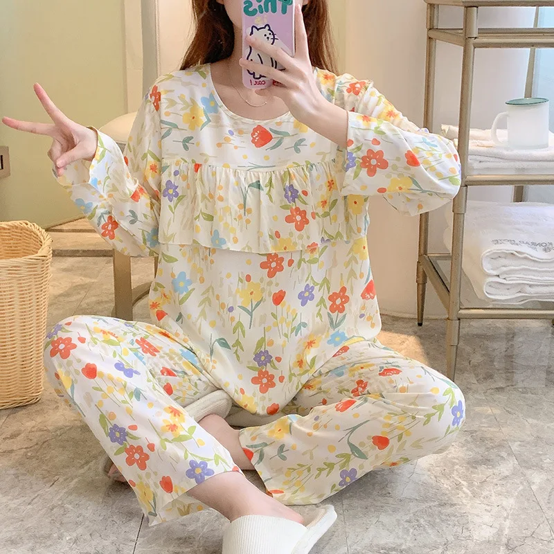 Large Size Viscose Long-sleeved Trousers Women Pajamas Set for Spring Summer Autumn Comfortable Cardigan Tops Ladies Sleepwear