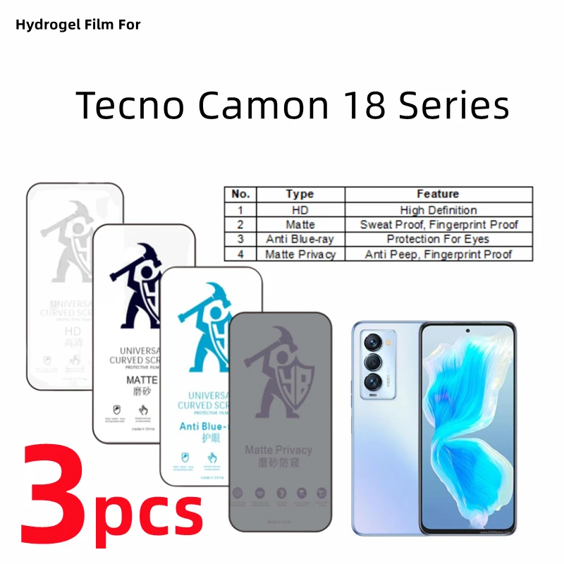 3pcs HD Hydrogel Film For Tecno Camon18 Premier Matte Screen Protector For Camon 18P 18i 18T Eye Care Anti Spy Protective Film