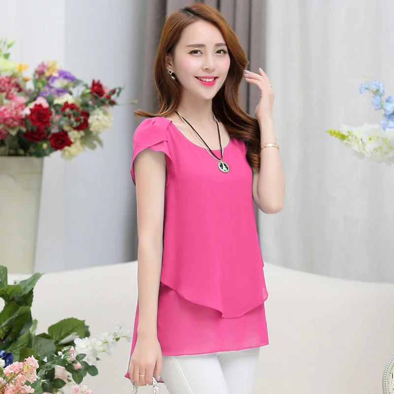 Damen Kurzarm Chiffon Bluse Schößchen Sommer Tops Damen Lange Büro Shirts Rüschen Bluse Femme 4XL 5XL
