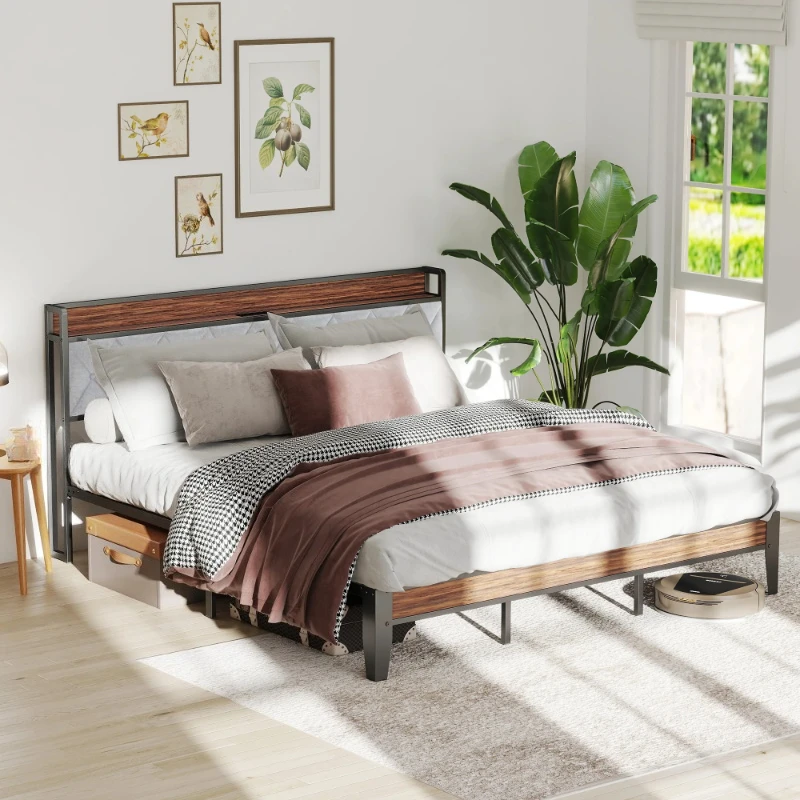 King Size Soft Pack Heavy Duty Metal Bed Frame with Headboard Charging Station 1100lbs Capacity Easy Assembly For Bedroom