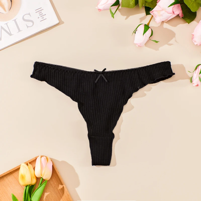 3 Pieces Women\'s Sexy Thong Bow Beautiful Compact Cute Comfortable Youth Multicolor Panties Summer Explosion Black Side Cotton