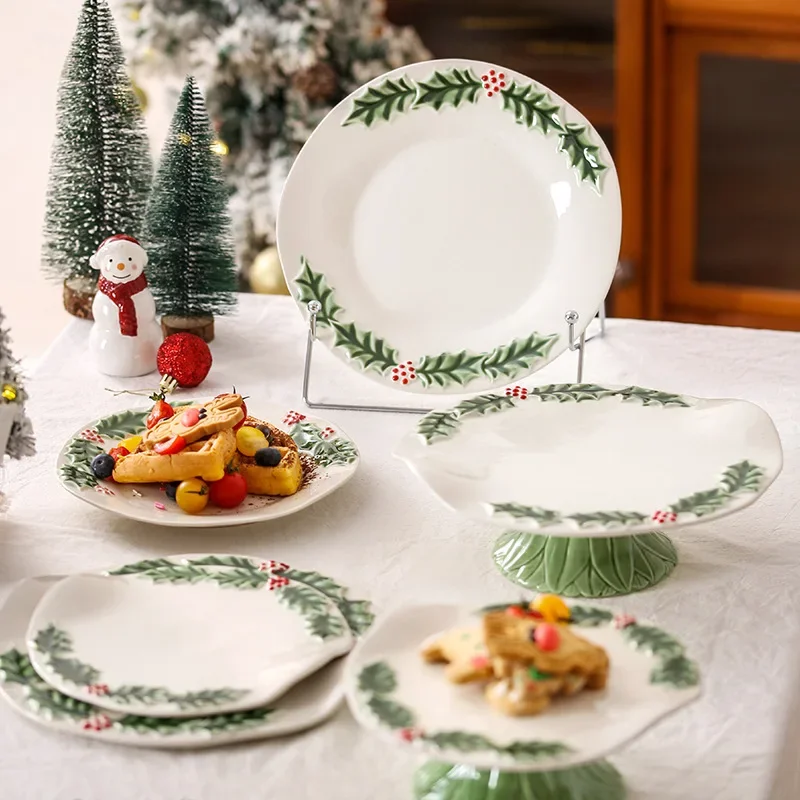 

Embossed plate retro home high-value cake dessert Christmas wind creative flat plate round steak salad