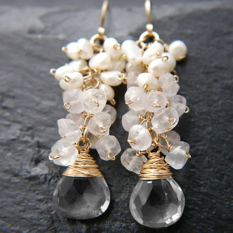 Aqua Chalcedony Peridot Cluster  Teardrop Long Dangle Earrings