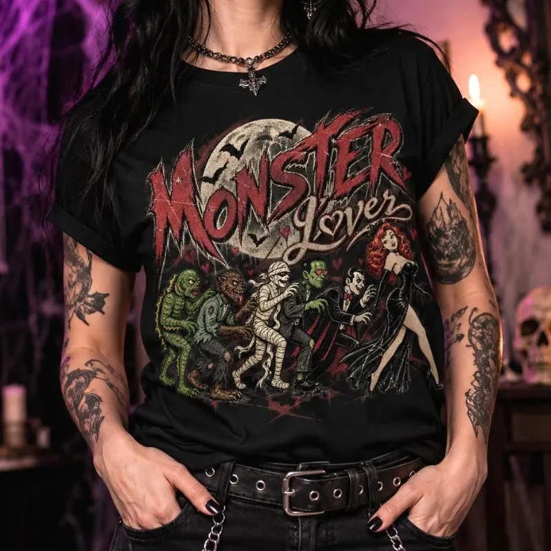 Retro 1950s Style Halloween Themed T-shirt, Monster Chasing Sexy Girl, Vampire, Mummy, Werewolf, Gothic Folk Horror Gothic Shirt