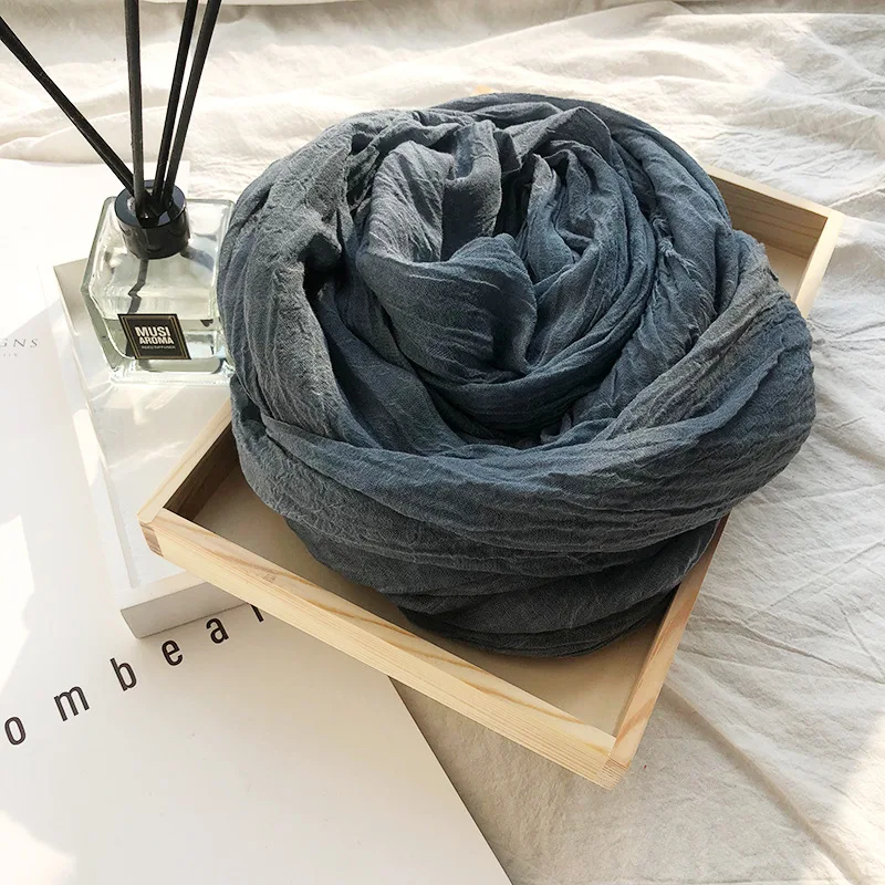 Vintage Crinkle Cotton Linen Scarf for Men Women Solid Color Autumn Winter Warm Pashmina Fringed Edge Soft Shawls and Wraps