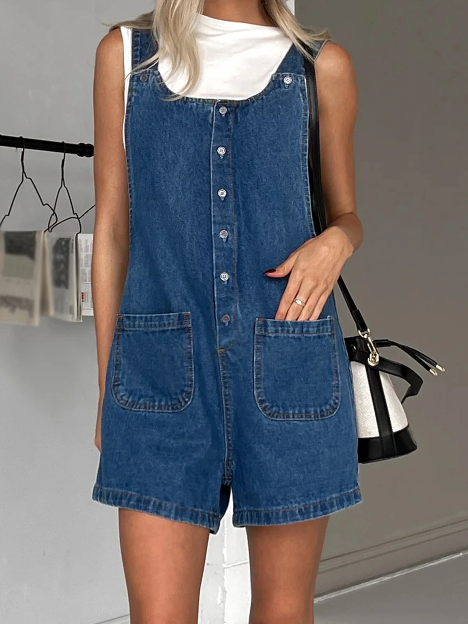 

Women Denim Bib Overalls Shorts Solid Color Baggy Jean Jumpsuit Romper Pants with Pockets for Streetwear