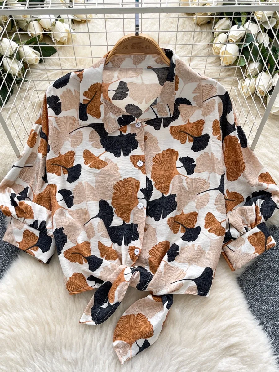 Foamlina Cross Tie Up Taille Afslankende bedrukte blouse Dames zomer nieuwe chique lantaarnmouwen van hoge kwaliteit shirt top