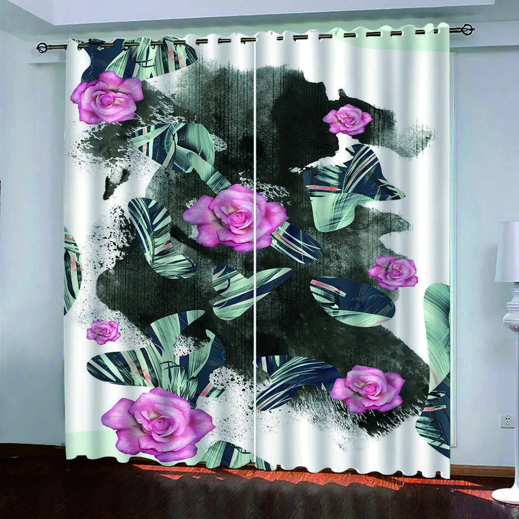 HUANZHUANG Luxury Living Room Decoration Pink Flower 3D Cheap Modern Bedroom Winodw Blackout Curtains Set 2 Pieces Free Shiping