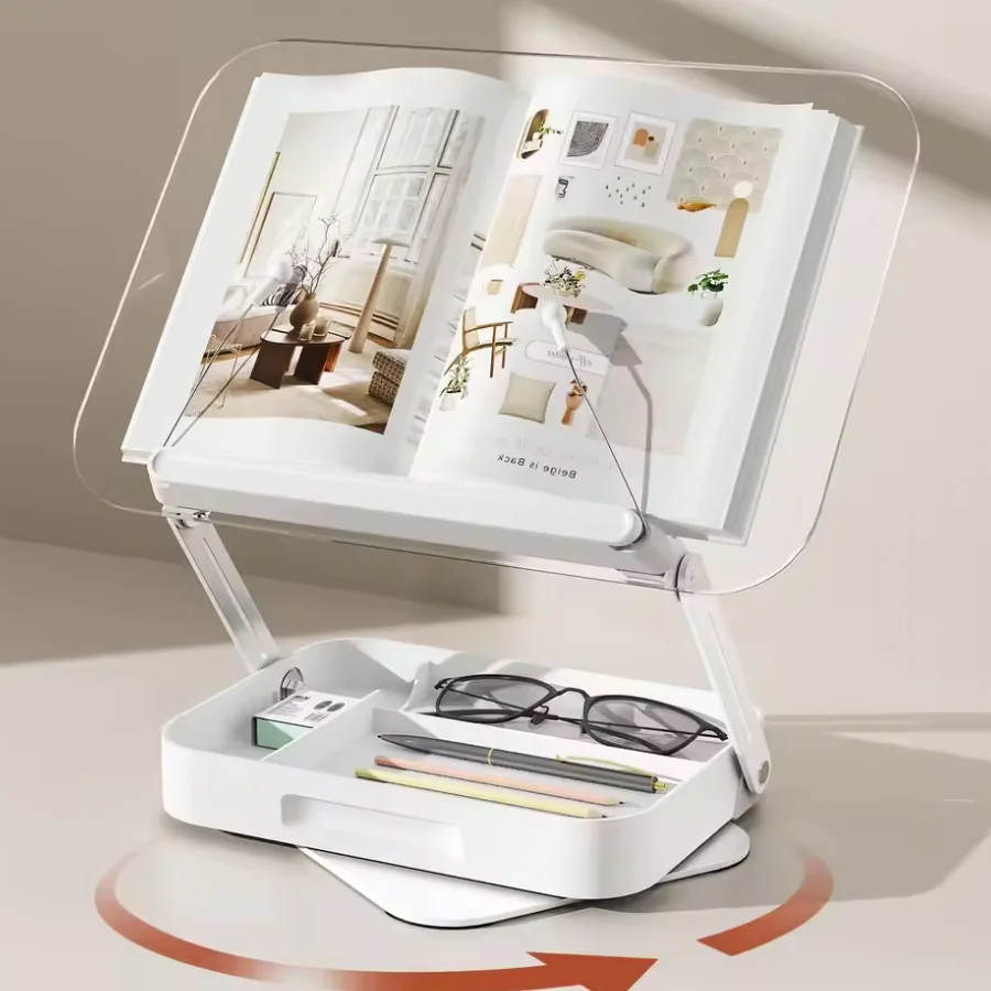 Acrylic Book Stand with Storage, Adjustable Book Holder for Reading with 360° Rotating Bases Foldable Desktop Riser Stand