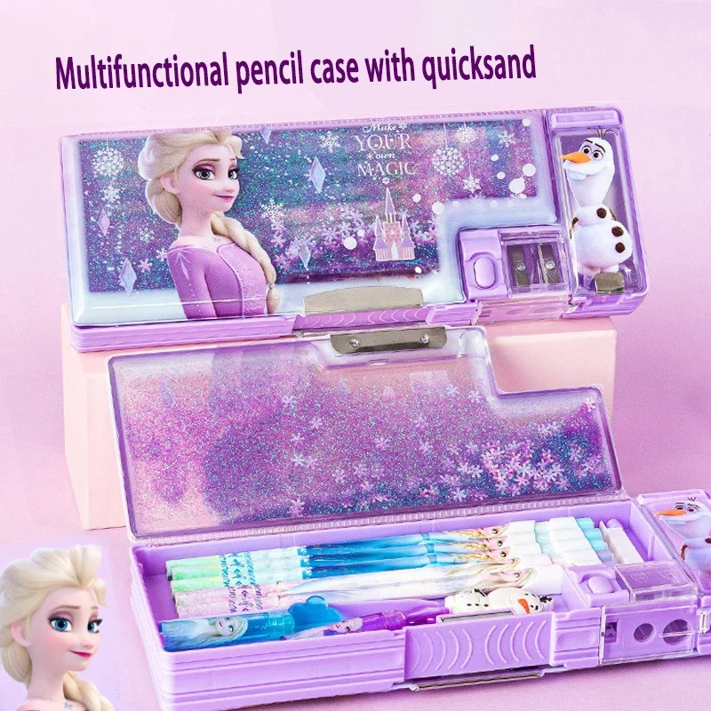 Frozen Liquid Glitter Pen Case Double Layer Pencil Bag For School Girls Cute Elsa Anna Princess Design Large Capacity Pencil Box