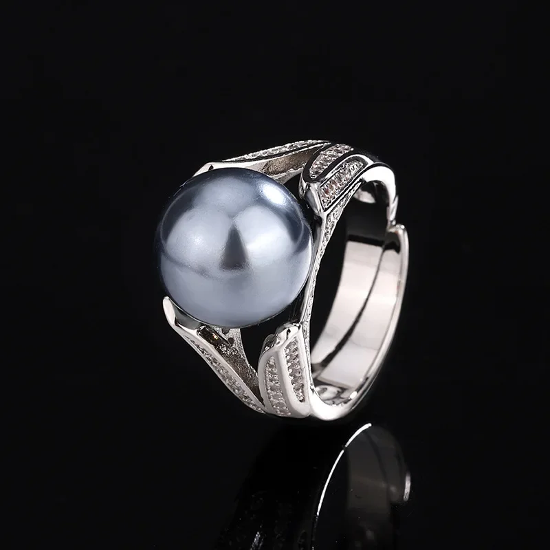 New High-end Jewelry Luxury Inlaid Copper-plated Platinum New Row Ring Pearl Temperament Simple Women's Ring 14mm