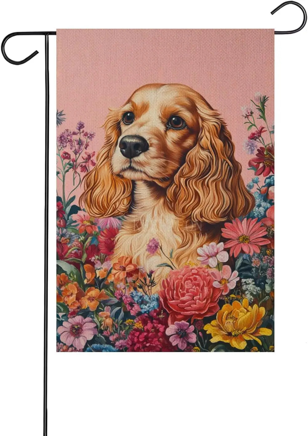 Welcome Cocker Spaniel Garden Flag Double Sided, Pink Floral Flower Decorative Yard Outdoor Home Small Decor, Outside House  yyi