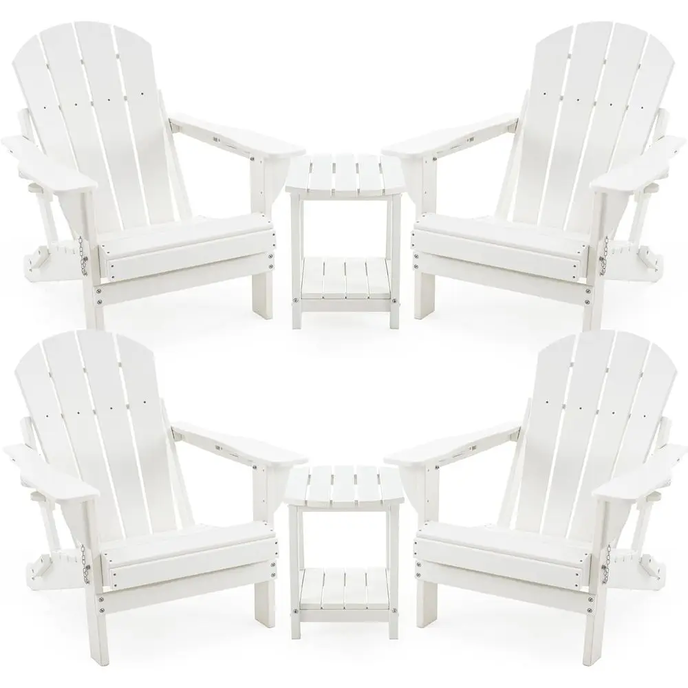 

4 Chairs & 2 Tables olding Adirondack Chair Set with Table – HDPE Weatherproo Outdoor Patio Chairs with Reclining Back and Cup H