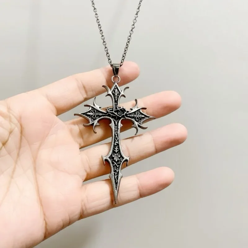 Gothic Double Sided Cross Pendant Necklace Vintage Ethnic Pattern Alloy Exaggerated Statement Necklace for Women Men
