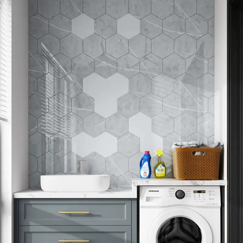 Imagem -04 - Auto-adesivo Adesivo de Parede Hexagonal Adesivo Impermeável tv Background Grão de Madeira Papel de Parede Cerâmico Decoração 20 Pcs