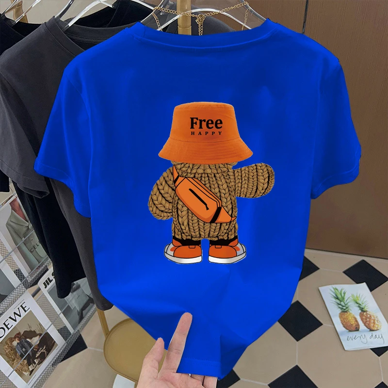 ​ ​ تي شيرت رجالي لطيف الدب الكرتون طباعة شحن سعيد شعار خمر الشارع الشهير القطن المحملة صياد قبعة حقيبة كروسبودي اللون الرجعية