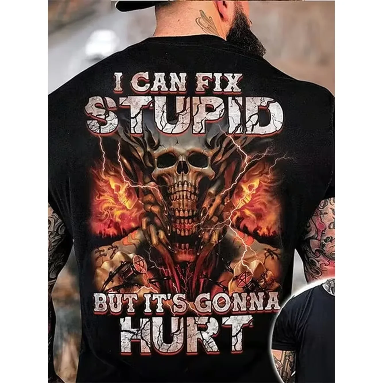 Mens Retro Gothic Skull And Ironically Funny Quotes T Shirt 100 Cotton 0Xl 3Xl Personalized I Can Cure Stupidity But It Lightning Skull Pattern Printed Casual Round Neck Short Sleeve Shirt Suitable For Fun Gifts On Halloween Christmas Birthdays And Partie