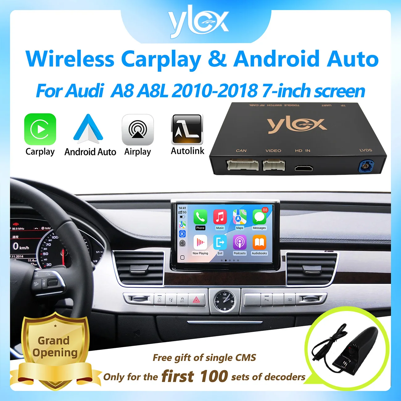 واجهة أوتوماتيكية CarPlay اللاسلكية لنظام أودي A8 A8L 2010-2018 مع وصلة مرآة AirPlay وظائف تشغيل السيارة تدعم YT NF الخلفي #1